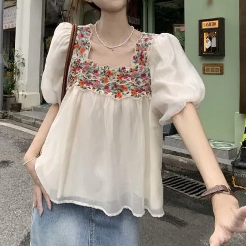 Floral Embroidered Cream Blouse